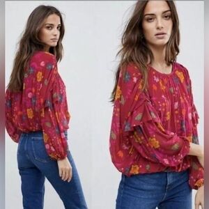 Free People Wild Flower Honey Ruffle Blouse Size XS Honey Red Berry Boho